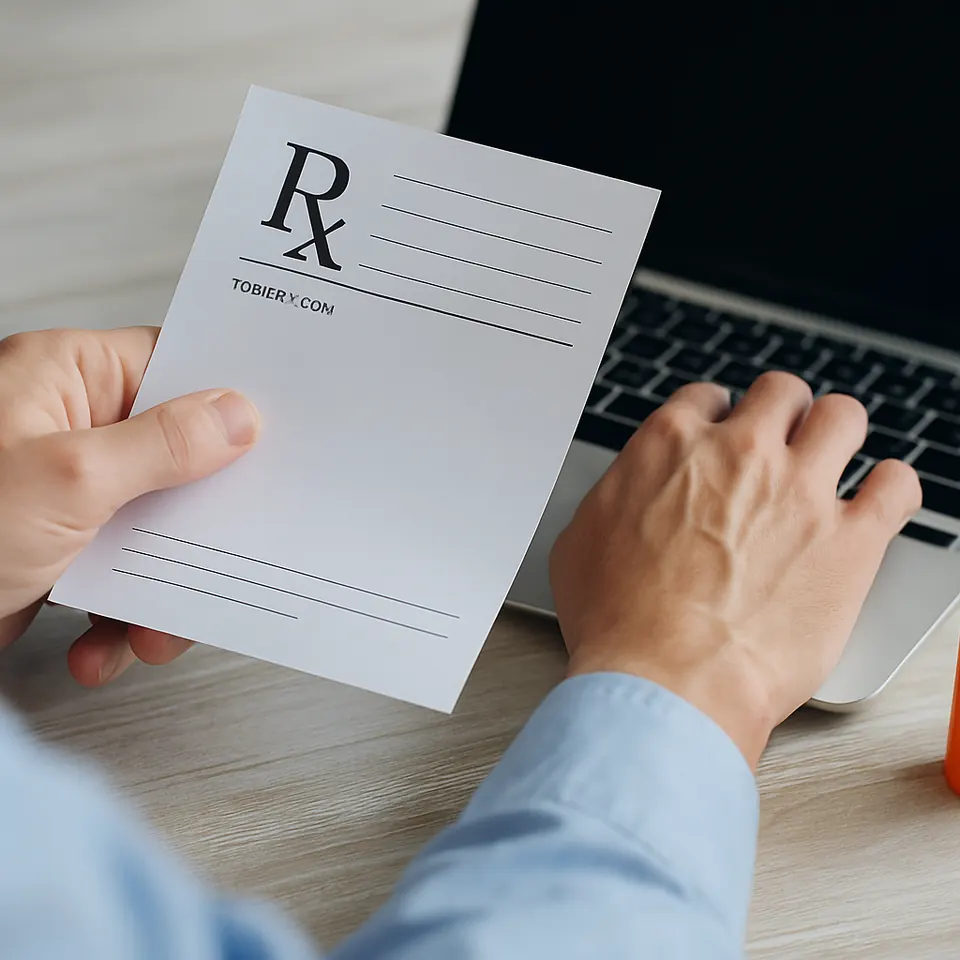 Prescription form held beside a laptop